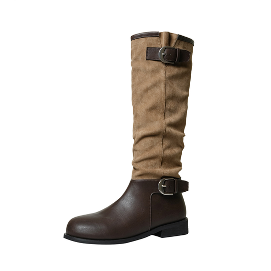 Women Knee High Riding Boots Leather Buckle Strap Tall Boots Comfortable Fall Winter Shoes, Classic Equestrian Style Long Boots with Side Zipper and Low Heel for Daily Wear