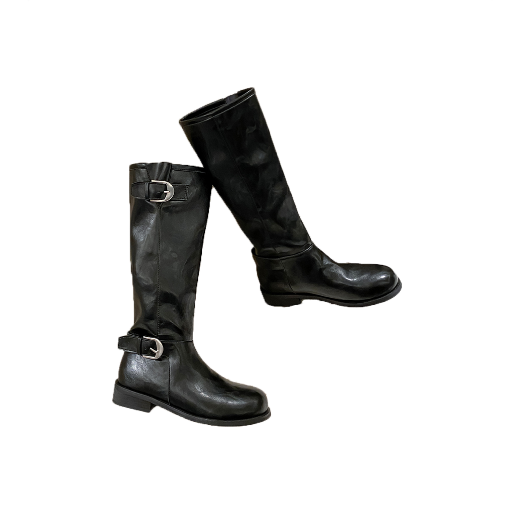 Women Knee High Riding Boots Leather Buckle Strap Tall Boots Comfortable Fall Winter Shoes, Classic Equestrian Style Long Boots with Side Zipper and Low Heel for Daily Wear