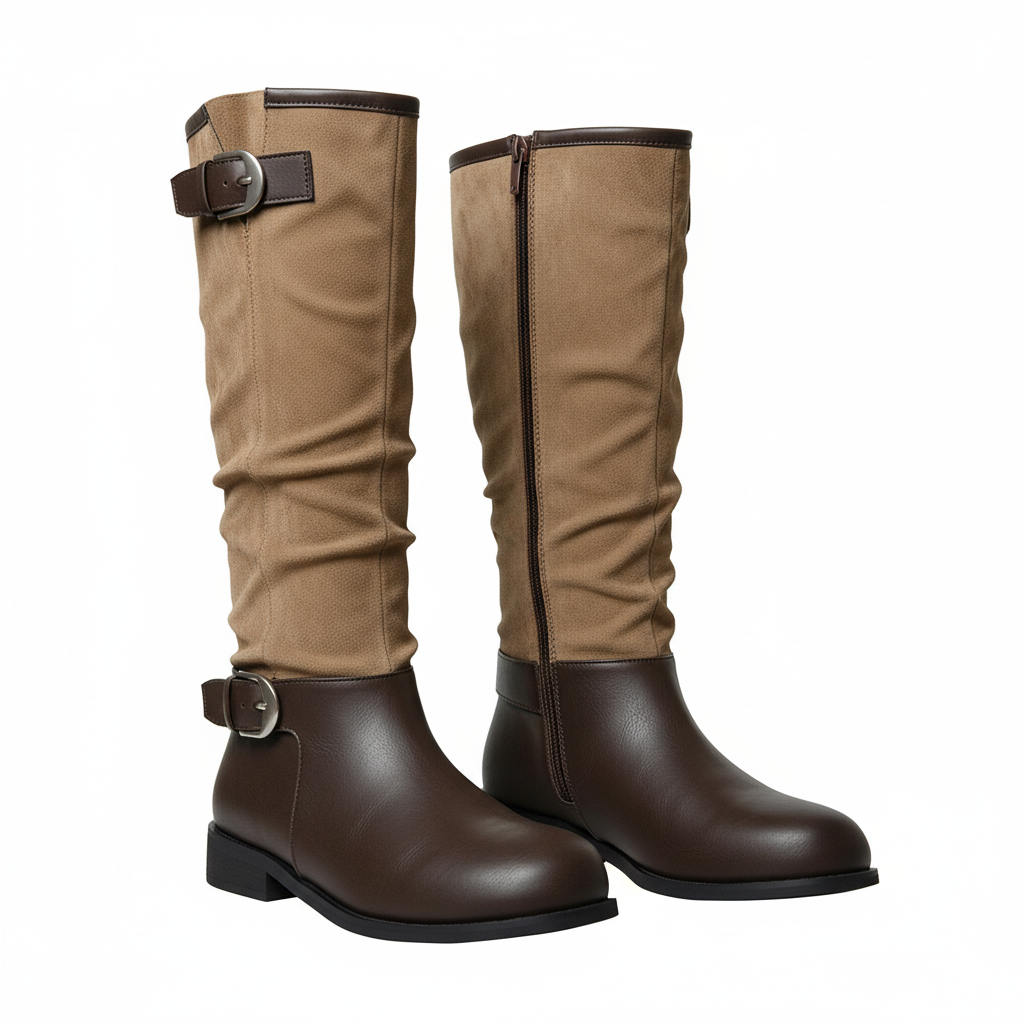 Women Knee High Riding Boots Leather Buckle Strap Tall Boots Comfortable Fall Winter Shoes, Classic Equestrian Style Long Boots with Side Zipper and Low Heel for Daily Wear