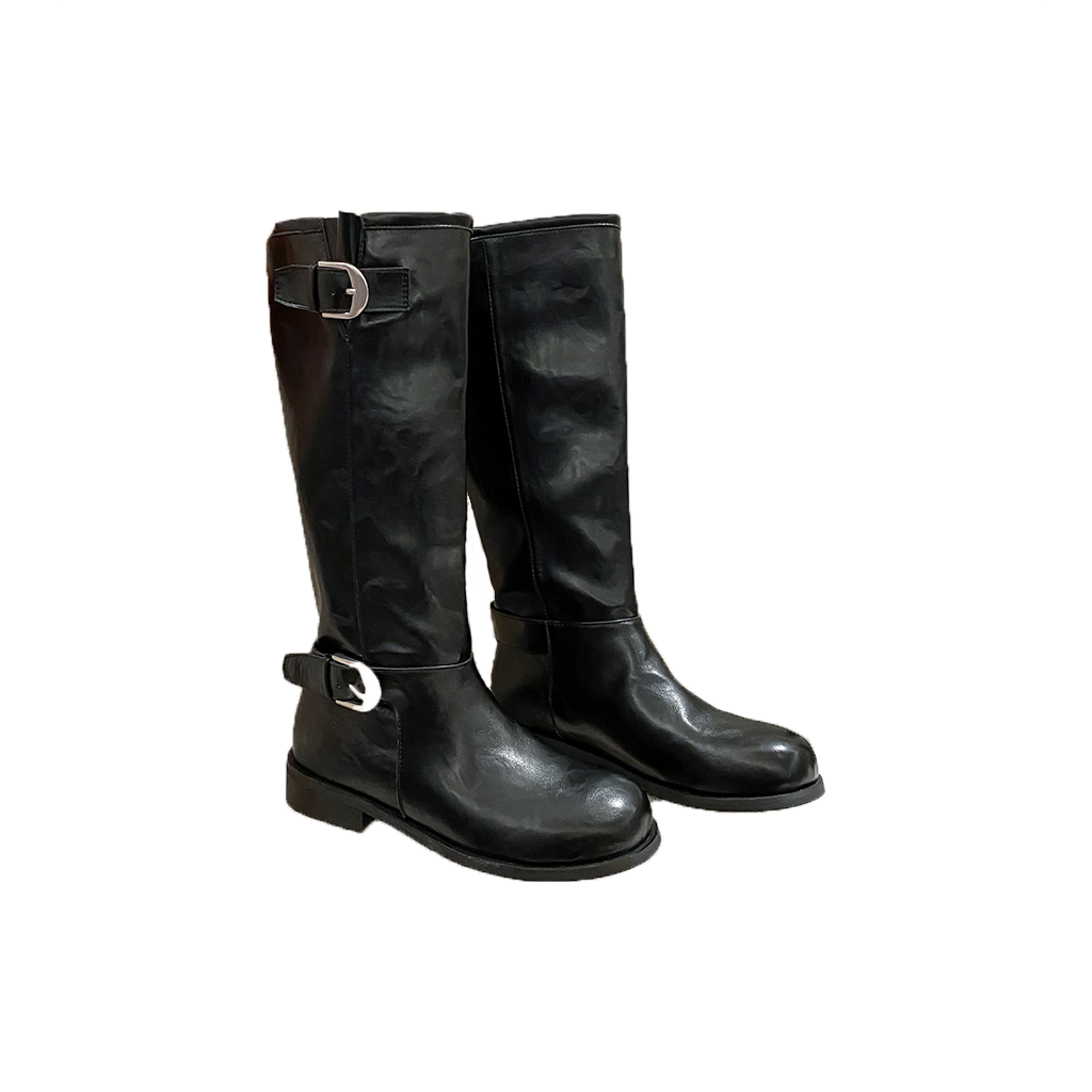 Women Knee High Riding Boots Leather Buckle Strap Tall Boots Comfortable Fall Winter Shoes, Classic Equestrian Style Long Boots with Side Zipper and Low Heel for Daily Wear