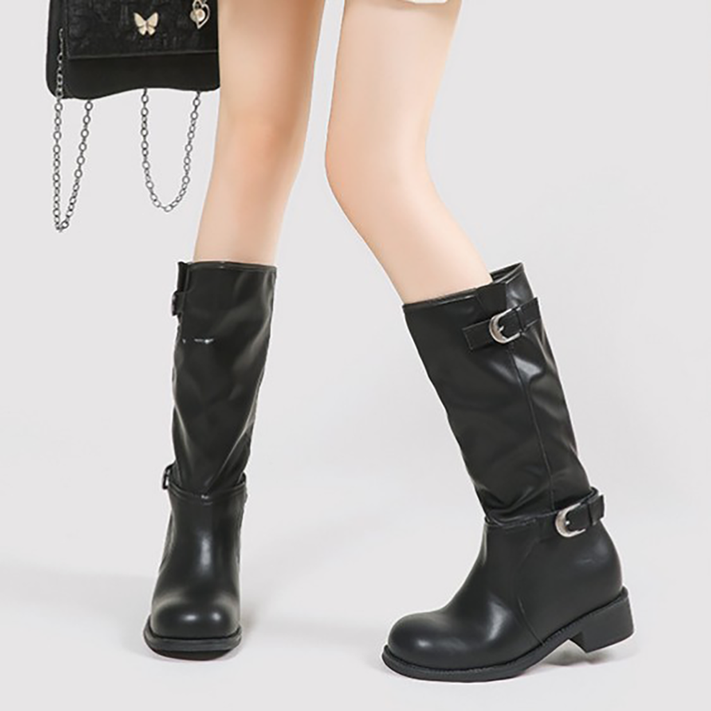 Women Knee High Riding Boots Leather Buckle Strap Tall Boots Comfortable Fall Winter Shoes, Classic Equestrian Style Long Boots with Side Zipper and Low Heel for Daily Wear