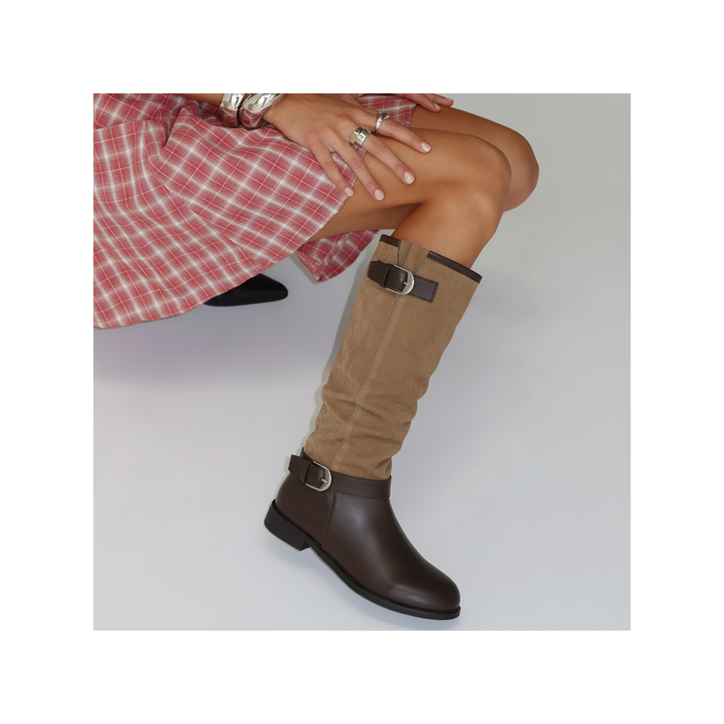 Women Knee High Riding Boots Leather Buckle Strap Tall Boots Comfortable Fall Winter Shoes, Classic Equestrian Style Long Boots with Side Zipper and Low Heel for Daily Wear