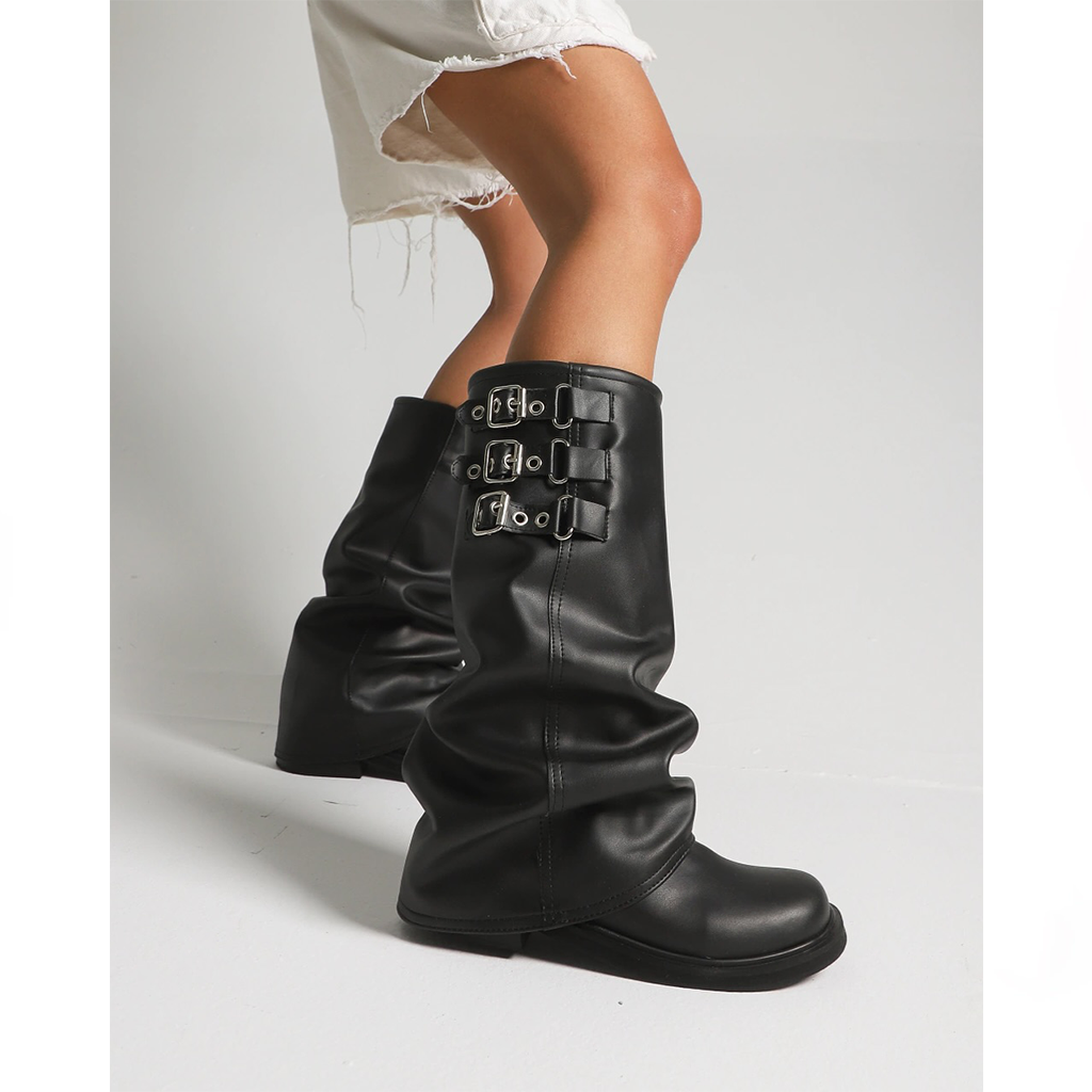 Women Knee High Riding Boots – Stylish Buckle Strap Tall Boots, Soft Faux Leather Slouchy Design, Side Zip for Easy On & Off, Comfortable Non-Slip Sole, Perfect Fall Winter Shoes